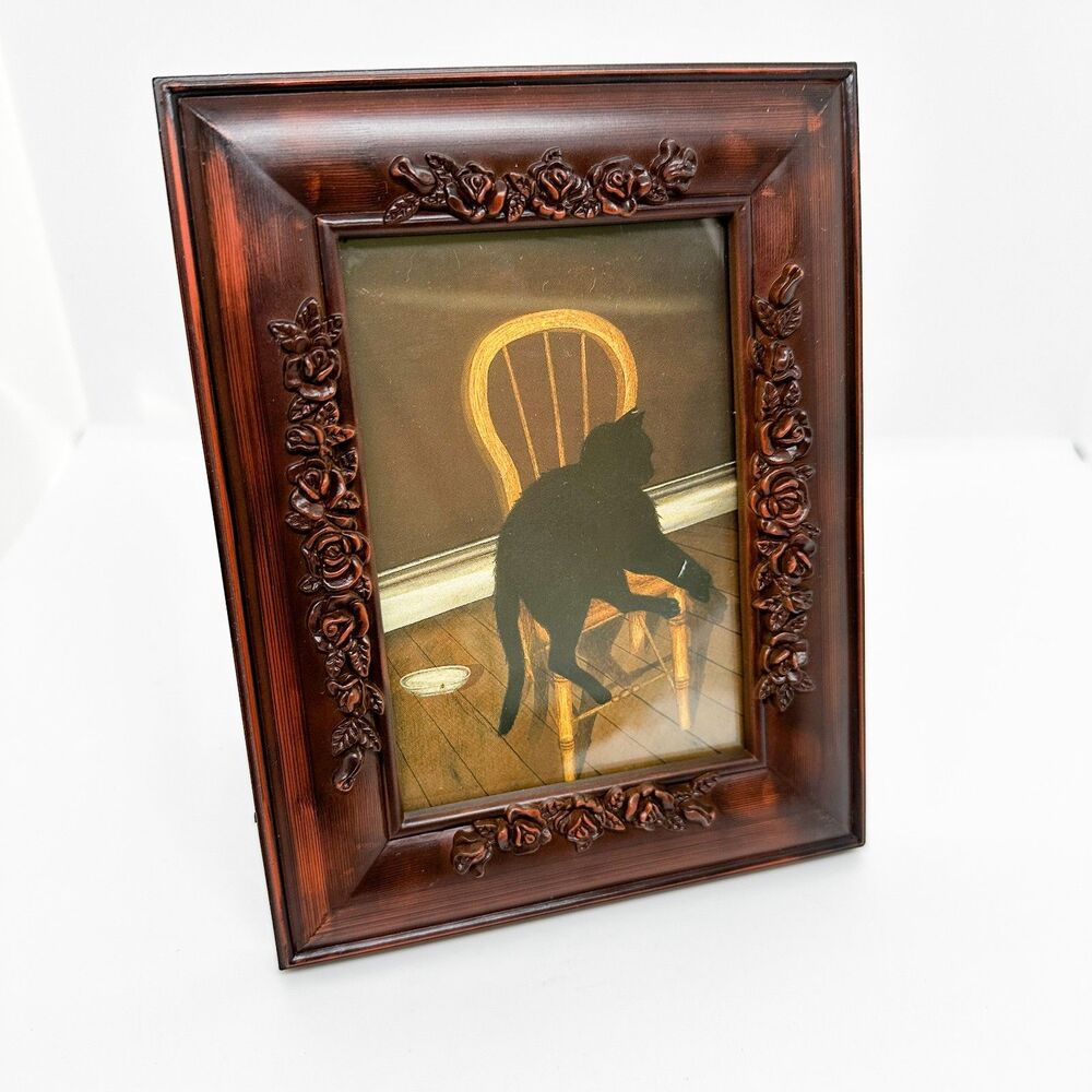 Vintage "Wood" Framed Postcard Black Cat Halloween